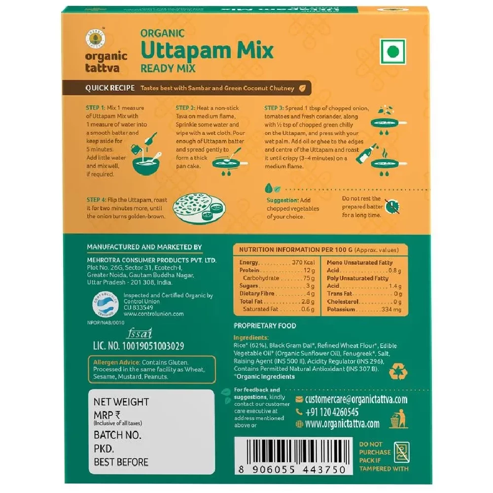 Organic Tattva Organic Uttapam Ready Mix - Crispy, Source Of Protein, Zero Cholesterol, 200 g Mono Carton-2.webp